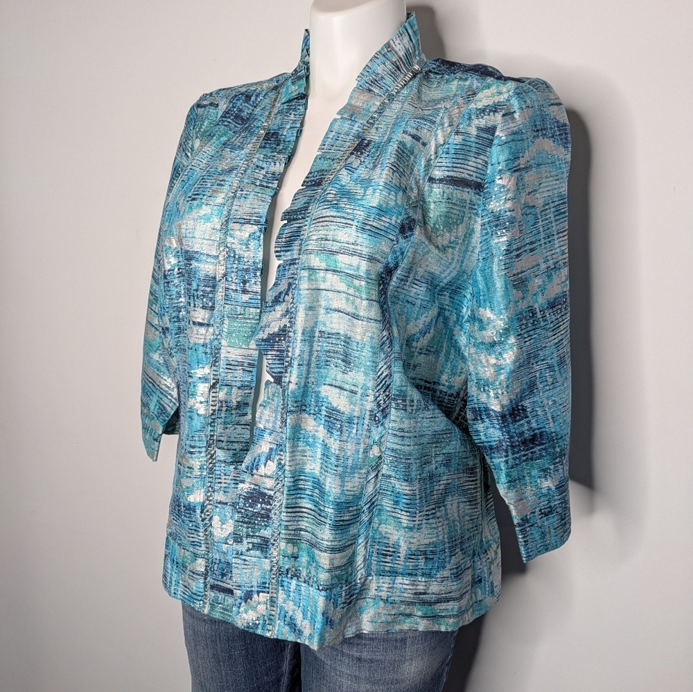 Chicos Blue White Beaded Neckline Open Cover Up Linen Blend Cardigan XL - Picture 2 of 8